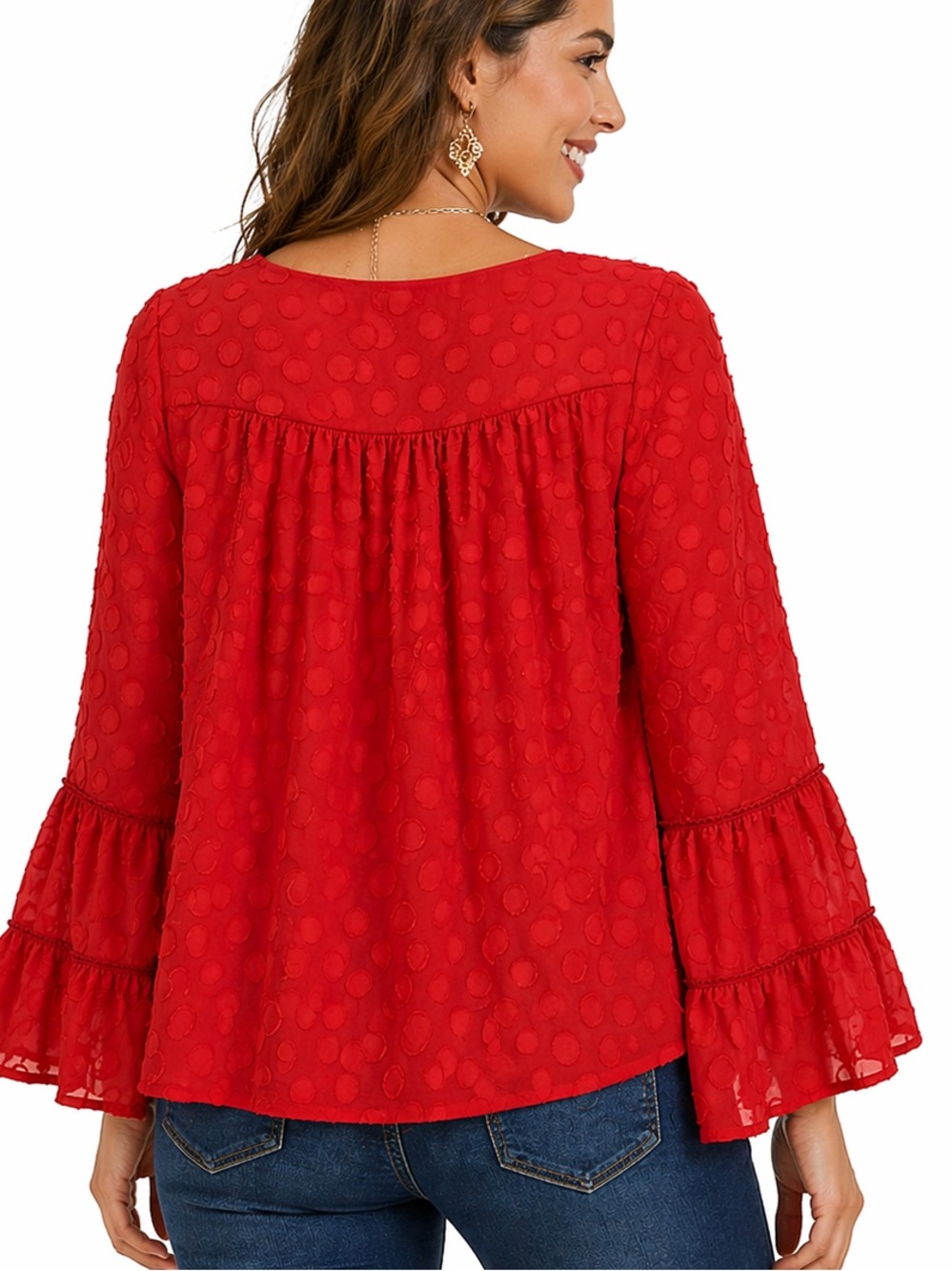 Soft Surroundings Red Swiss Dot Boho Blouse Tassel Tie Flowy Peasant Top Womens - Picture 3 of 14